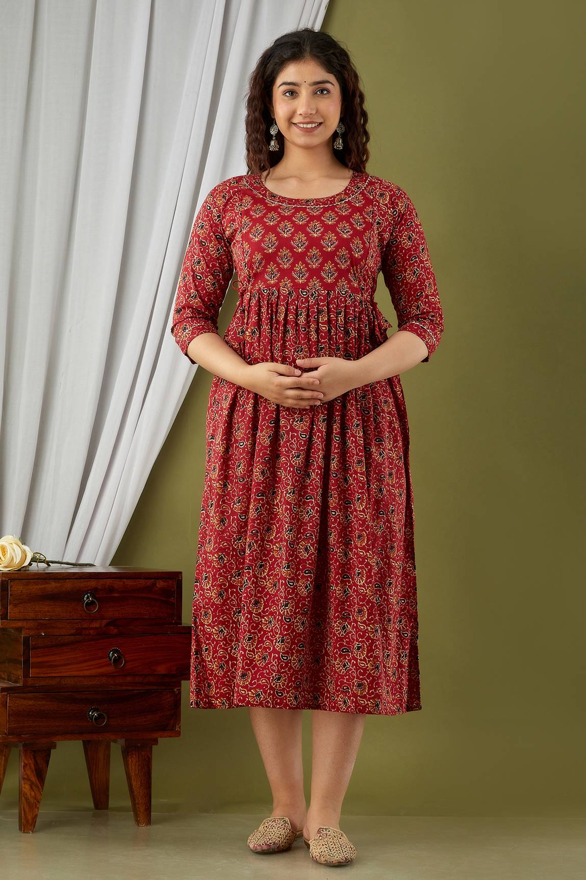 Crimson Floral Harmony Maternity Dress