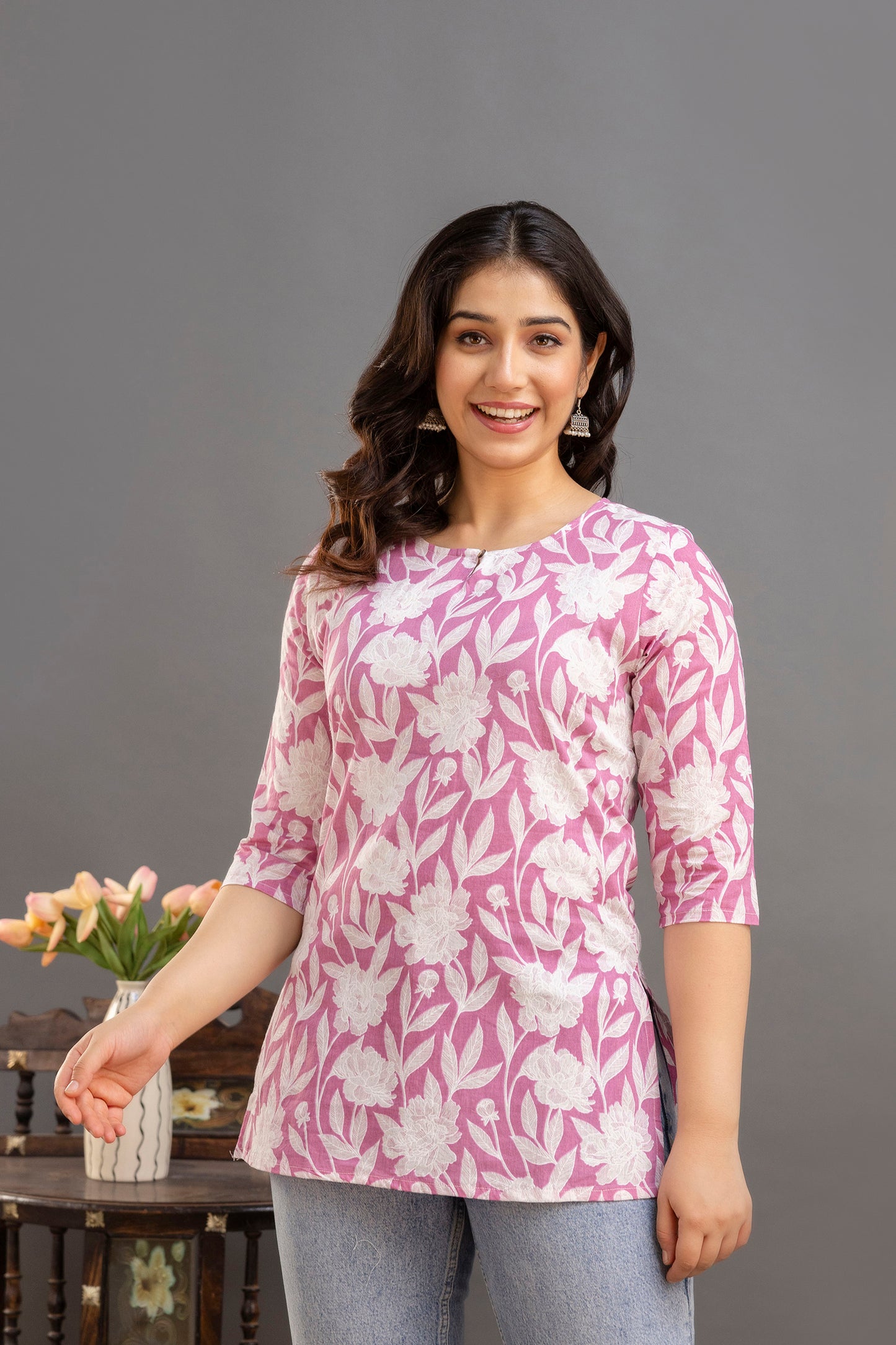 Big Flower Pink Short Kurta