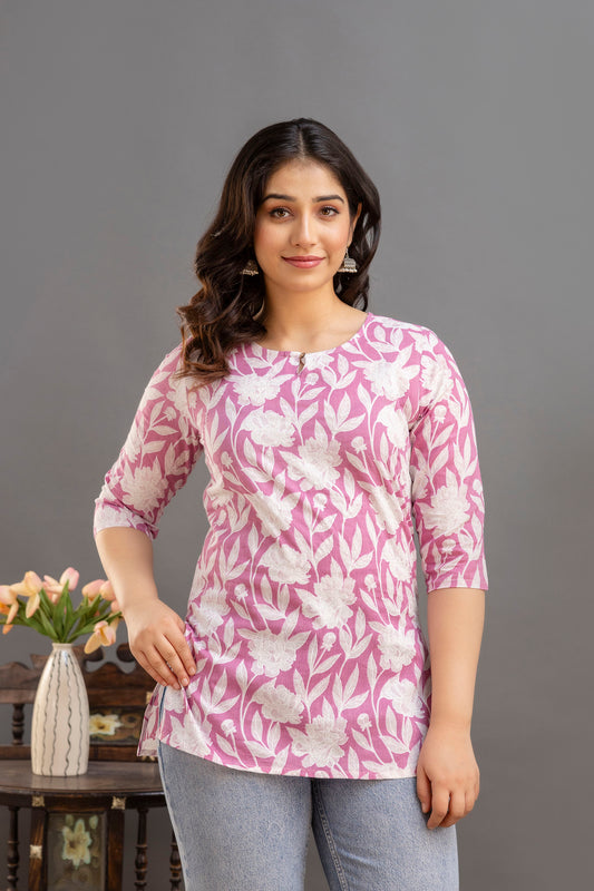 Big Flower Pink Short Kurta