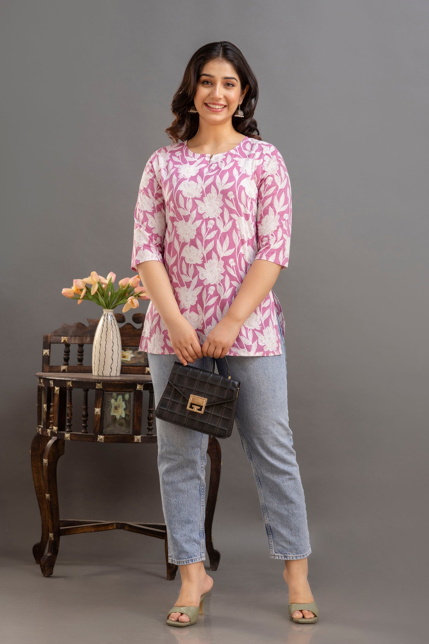 Big Flower Pink Short Kurta