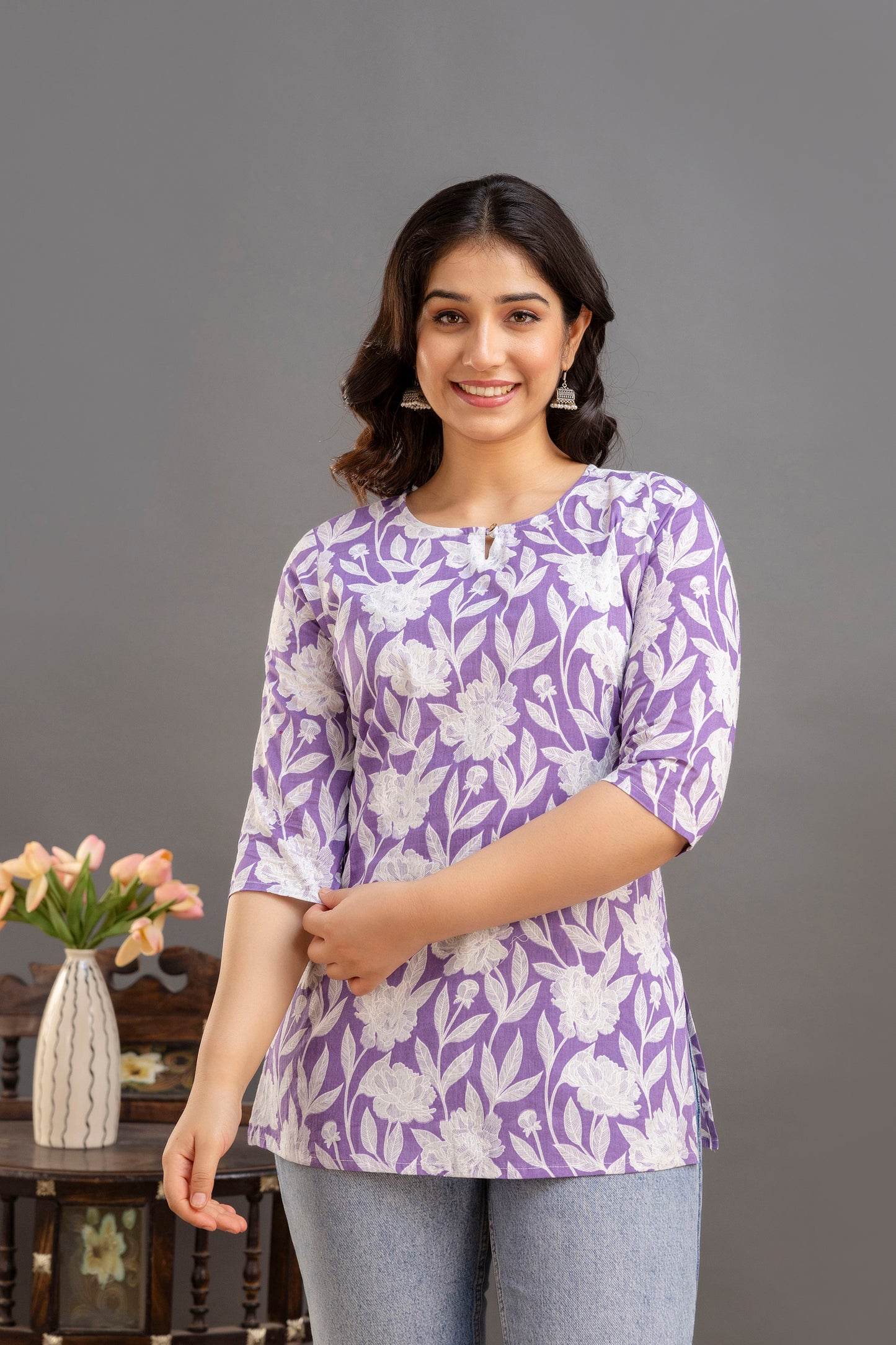 Big Flower Purple Short Kurta