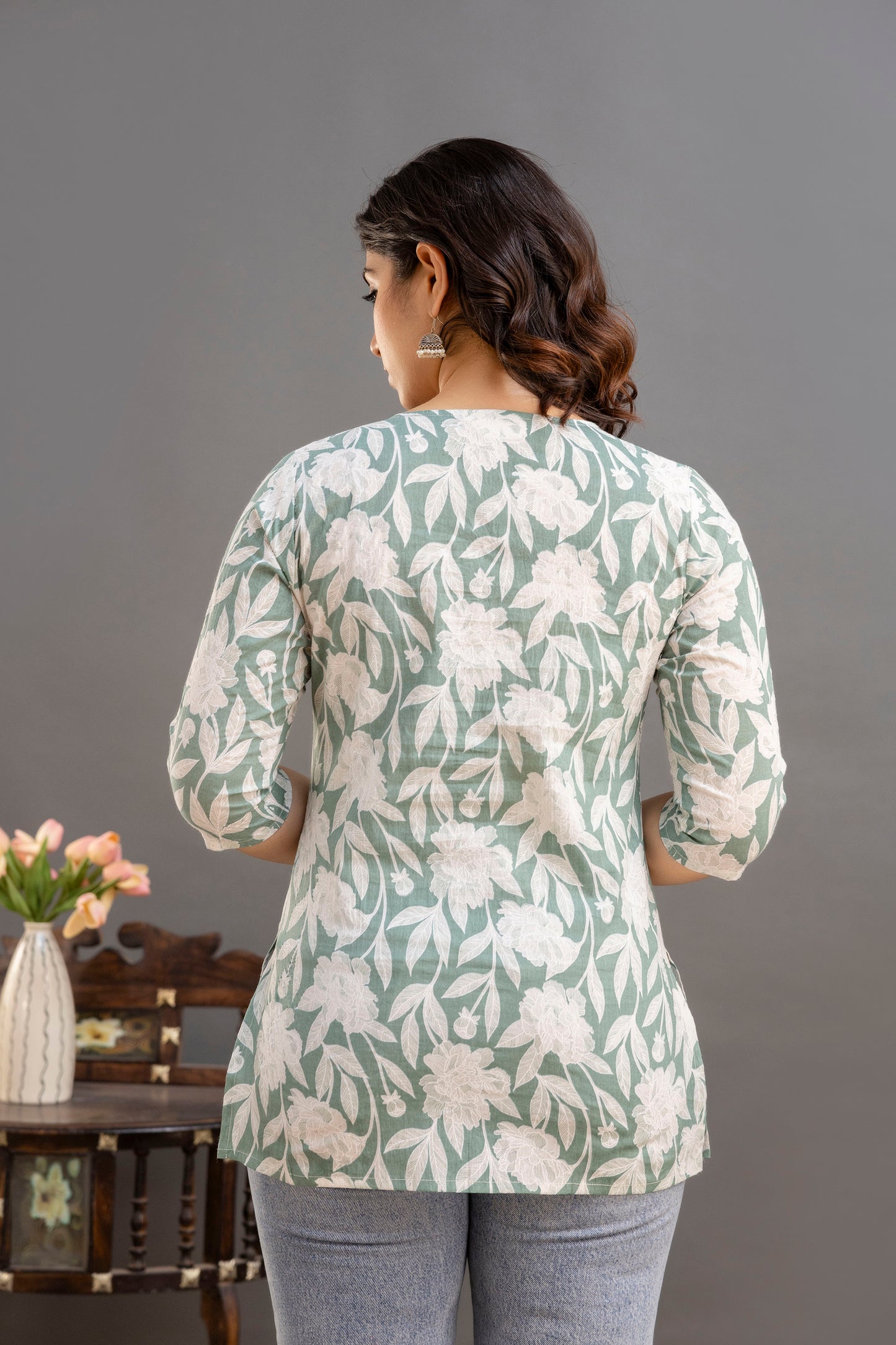 Big Flower Green Short Kurta