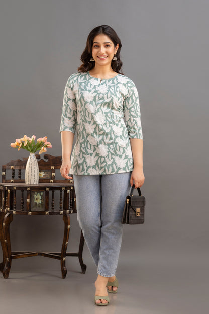 Big Flower Green Short Kurta