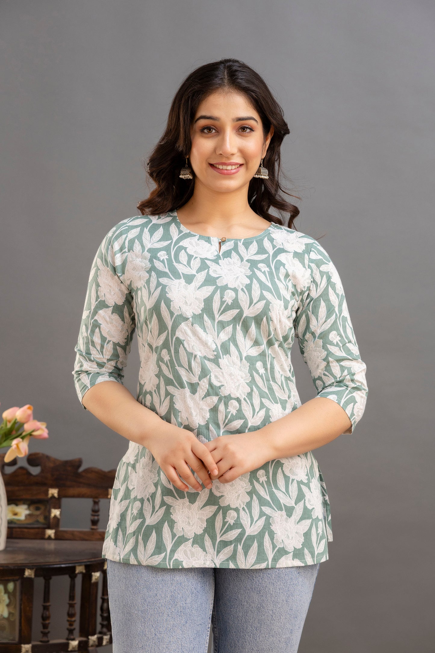 Big Flower Green Short Kurta