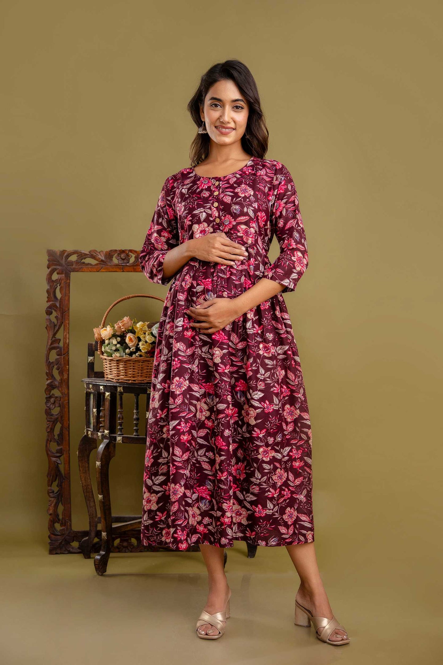 Maroon Petal Bloom Maternity Dress