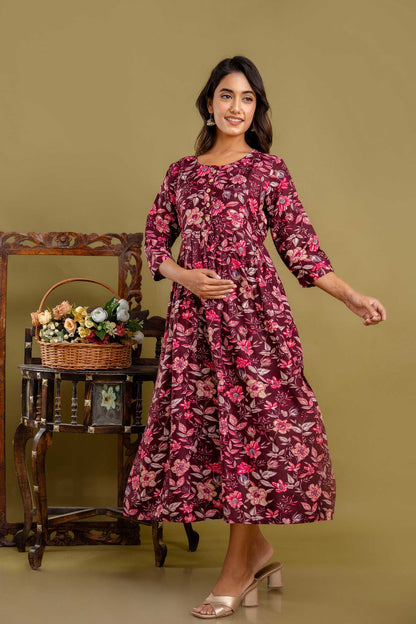 Maroon Petal Bloom Maternity Dress