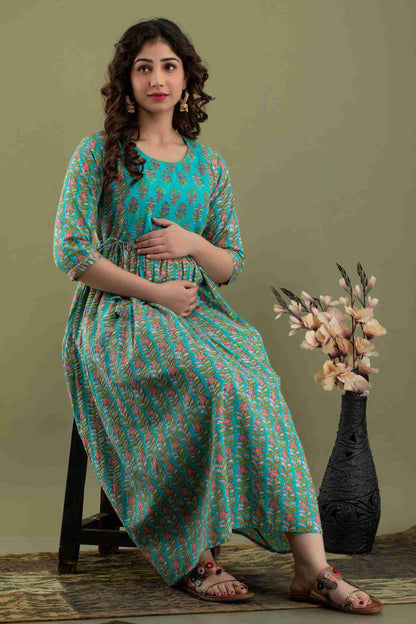 Teal Serenity Floral Maternity Dress