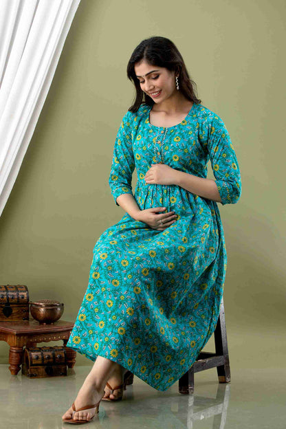 Blue Floral Elegance Maternity Dress