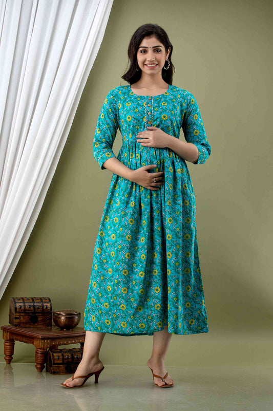 Blue Floral Elegance Maternity Dress