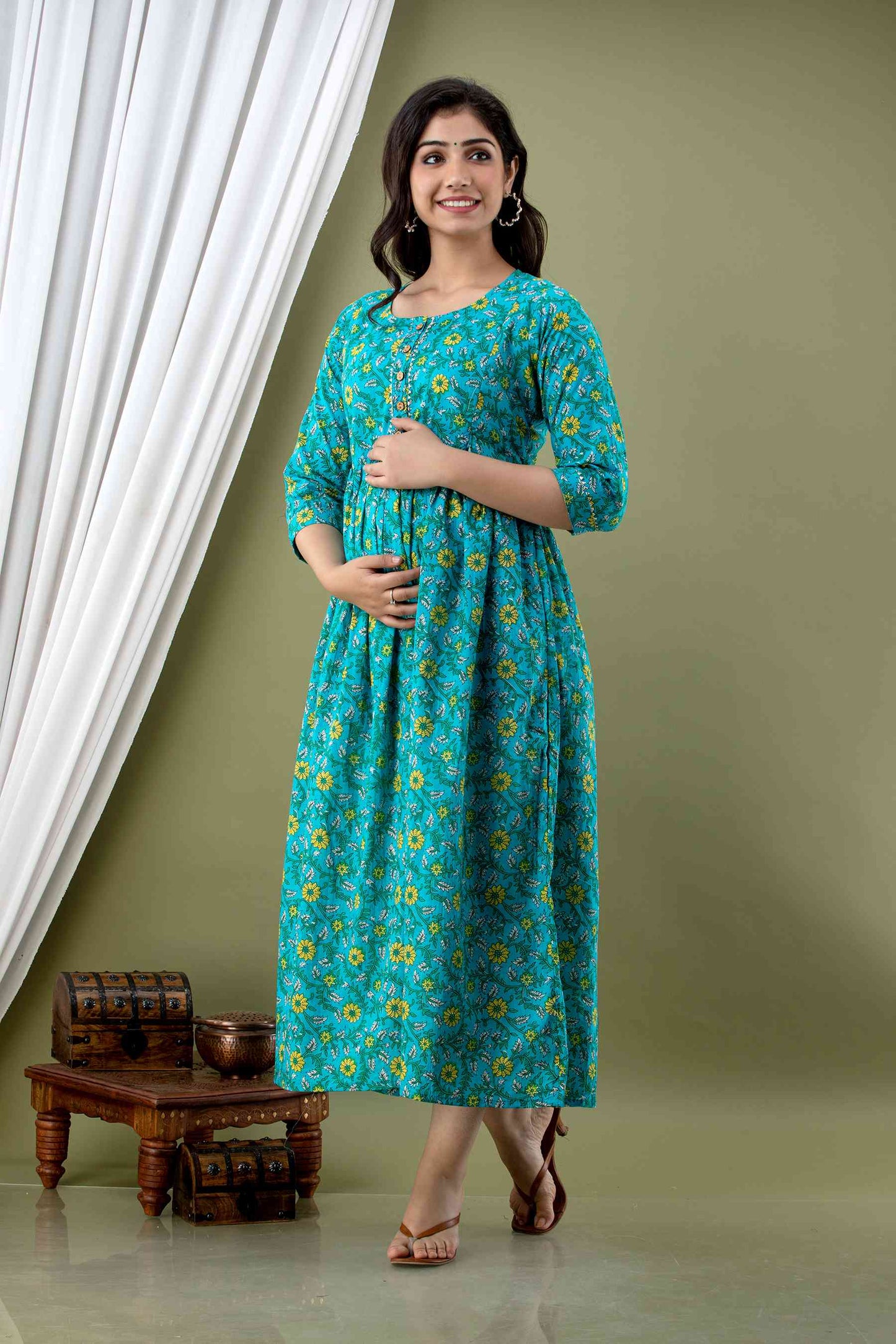 Blue Floral Elegance Maternity Dress