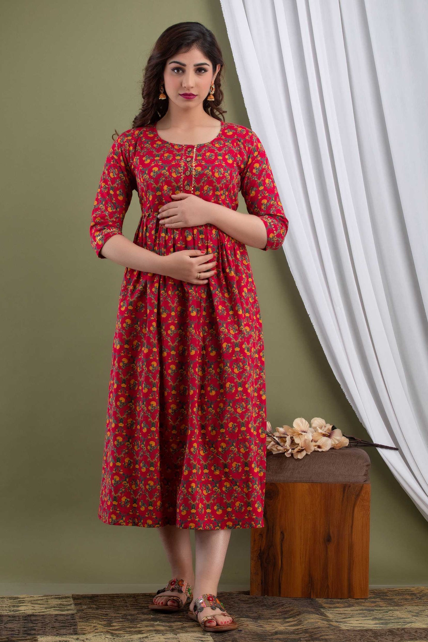 Red Blossom Radiance Maternity Dress