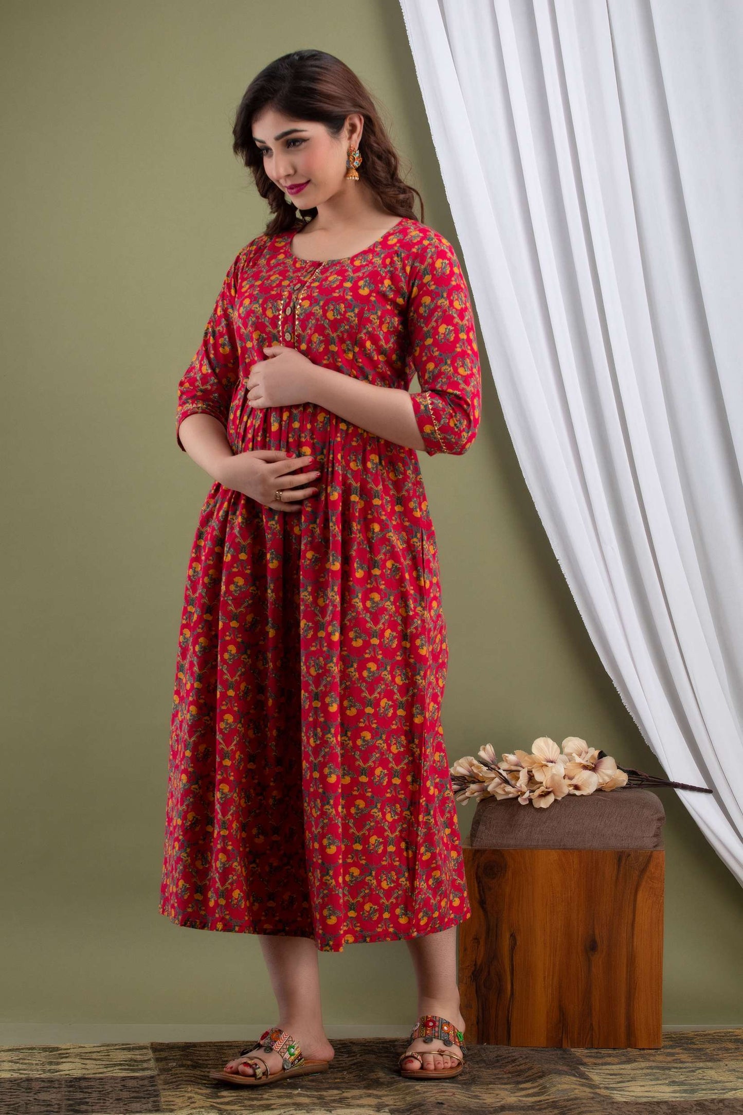 Red Blossom Radiance Maternity Dress