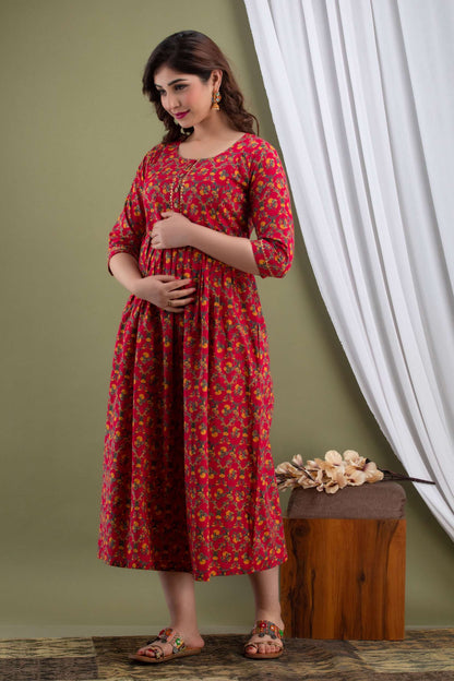 Red Blossom Radiance Maternity Dress