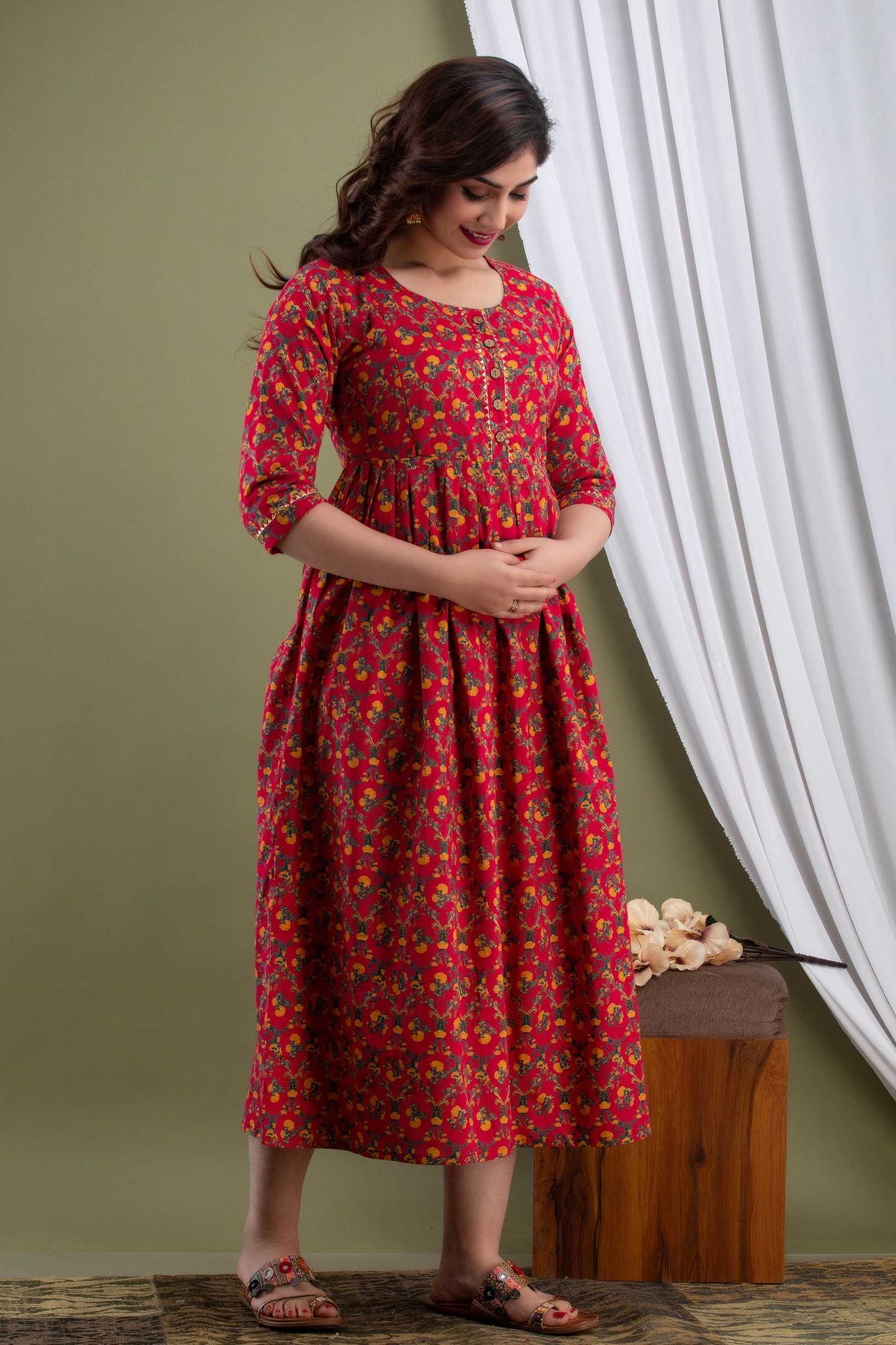 Red Blossom Radiance Maternity Dress