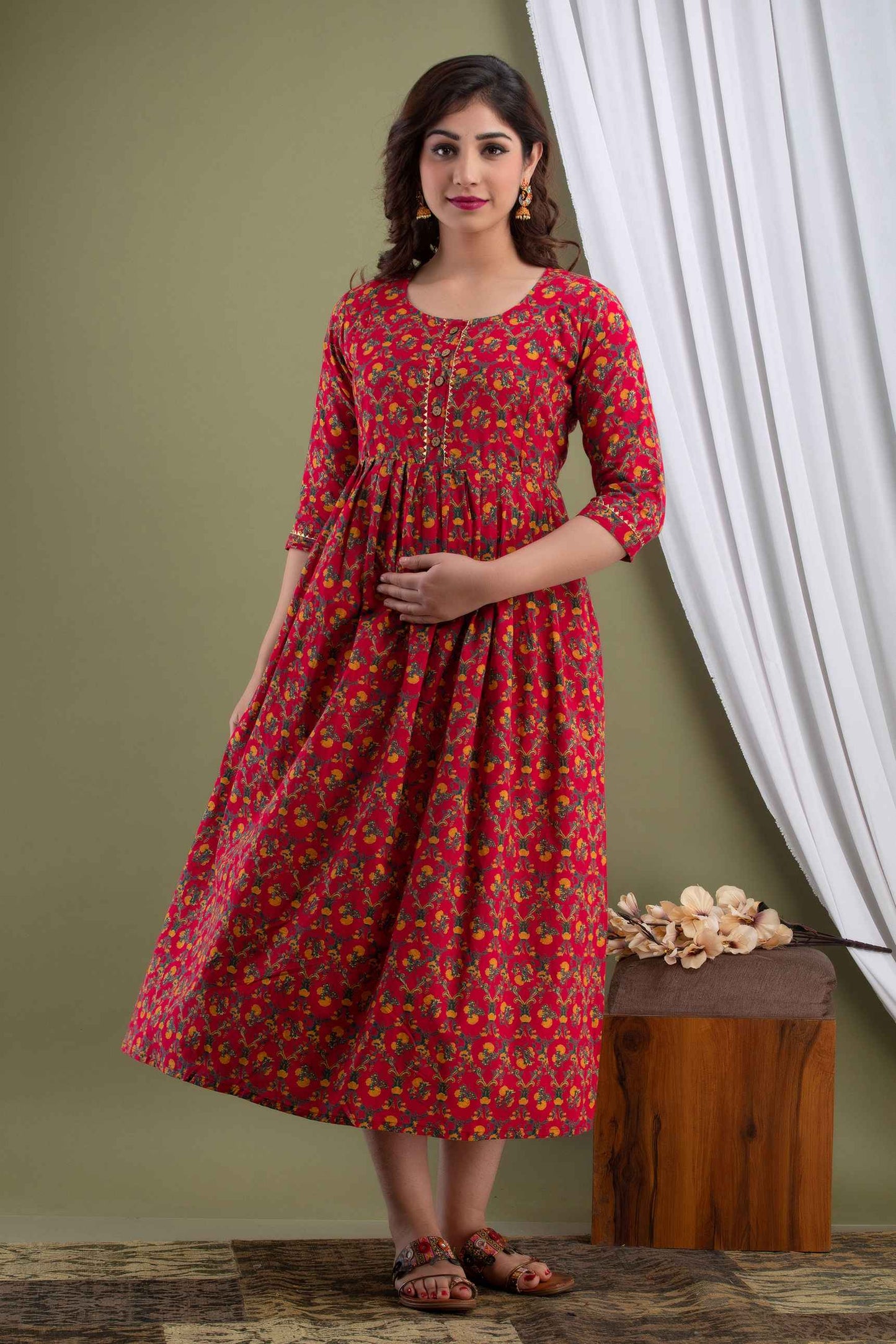 Red Blossom Radiance Maternity Dress