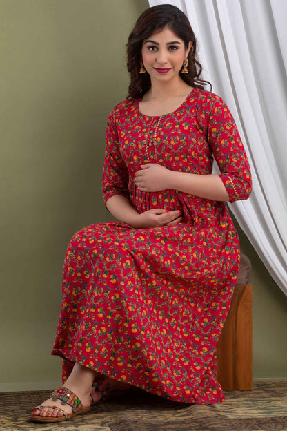 Red Blossom Radiance Maternity Dress