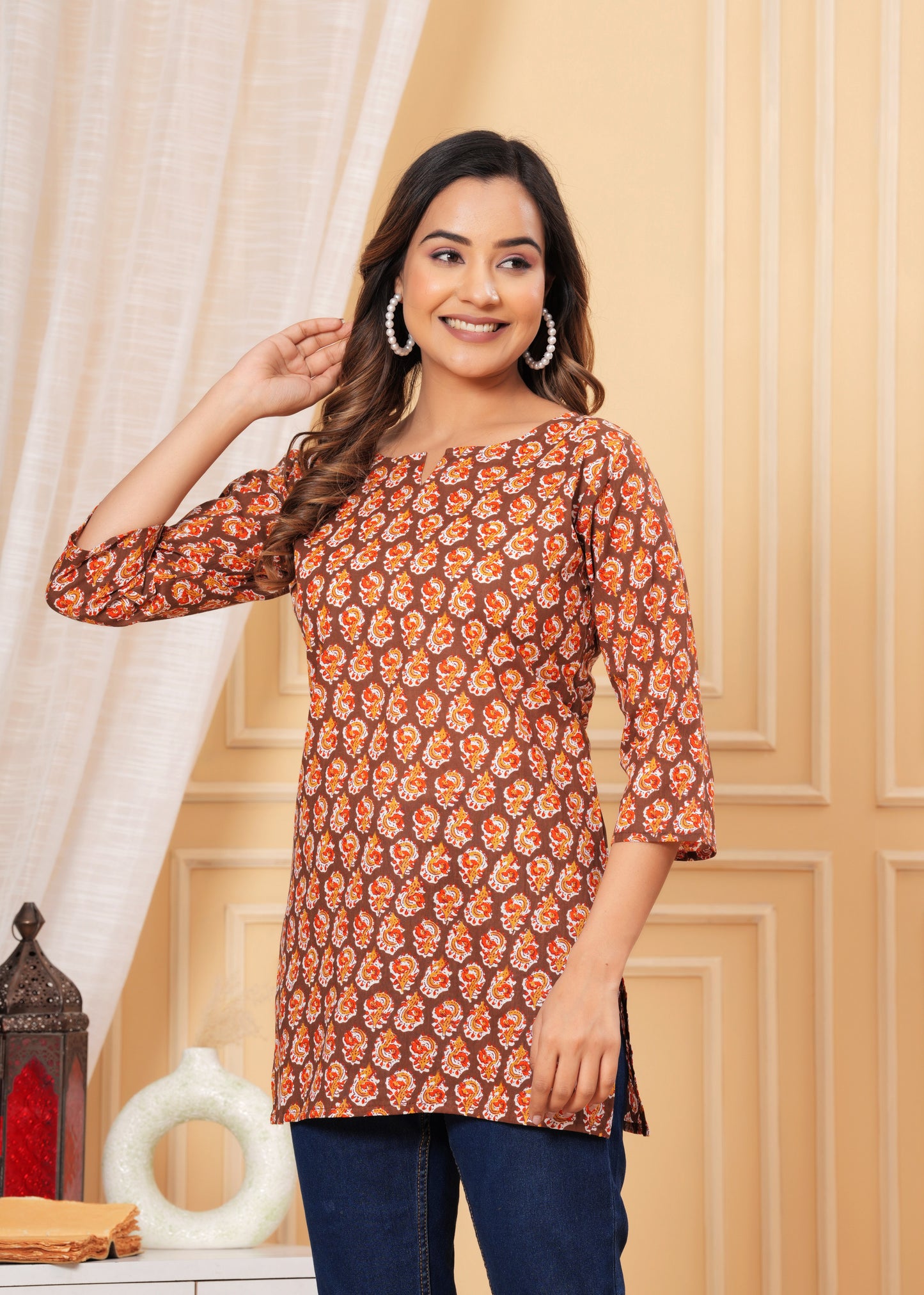 Brown Red Yog Short Kurta