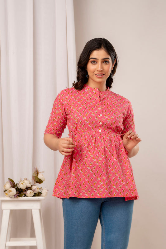 Pink Green Patti Short Kurta