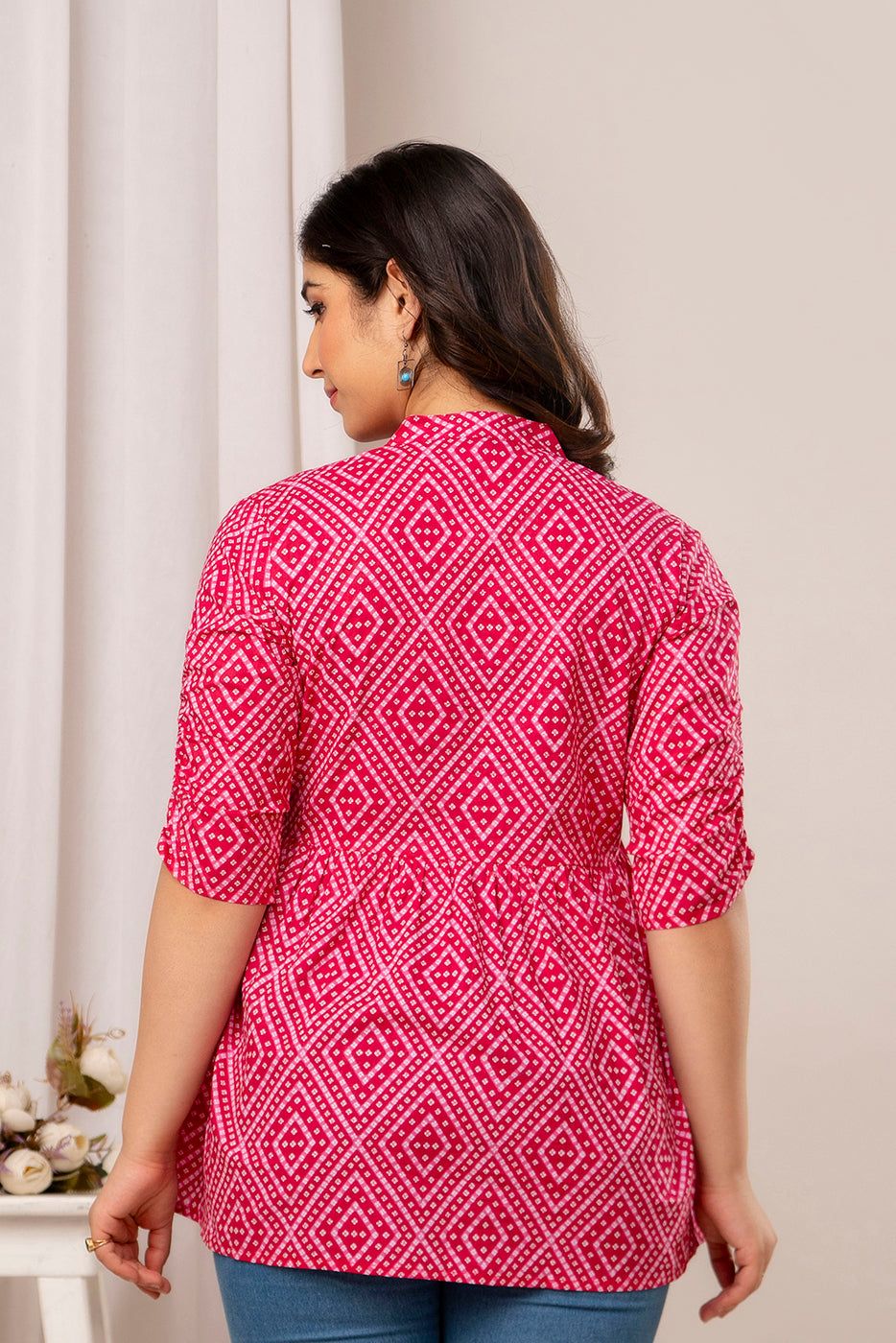 Pink Bhandej Patti Short Kurta