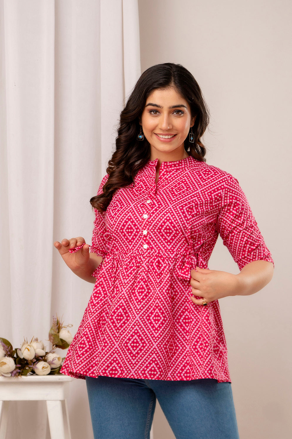 Pink Bhandej Patti Short Kurta