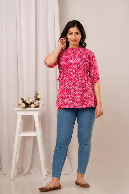 Pink Bhandej Patti Short Kurta