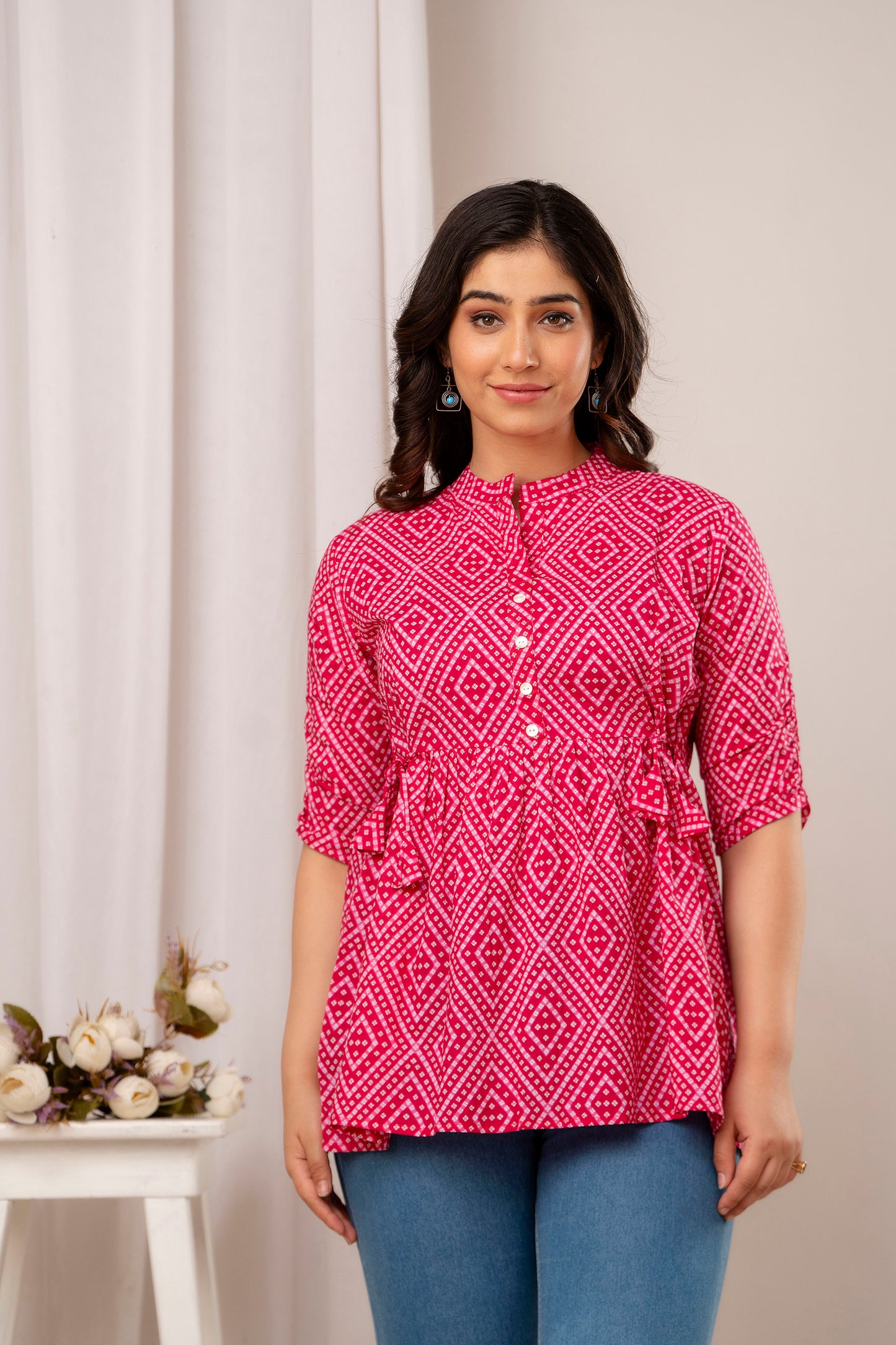 Pink Bhandej Patti Short Kurta