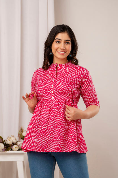 Pink Bhandej Patti Short Kurta