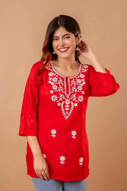 Red Blossom Embroidery Top