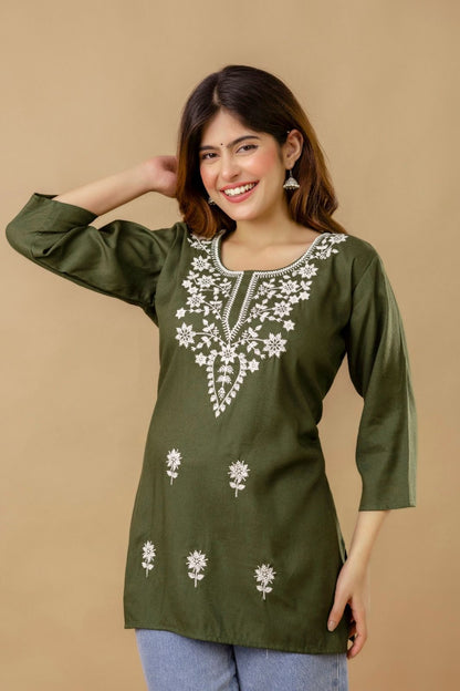 Green Blossom Embroidery Top