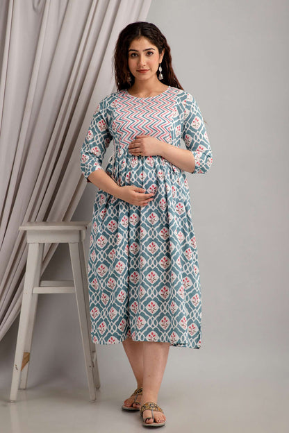 Pink Geometric Floral Maternity Dress