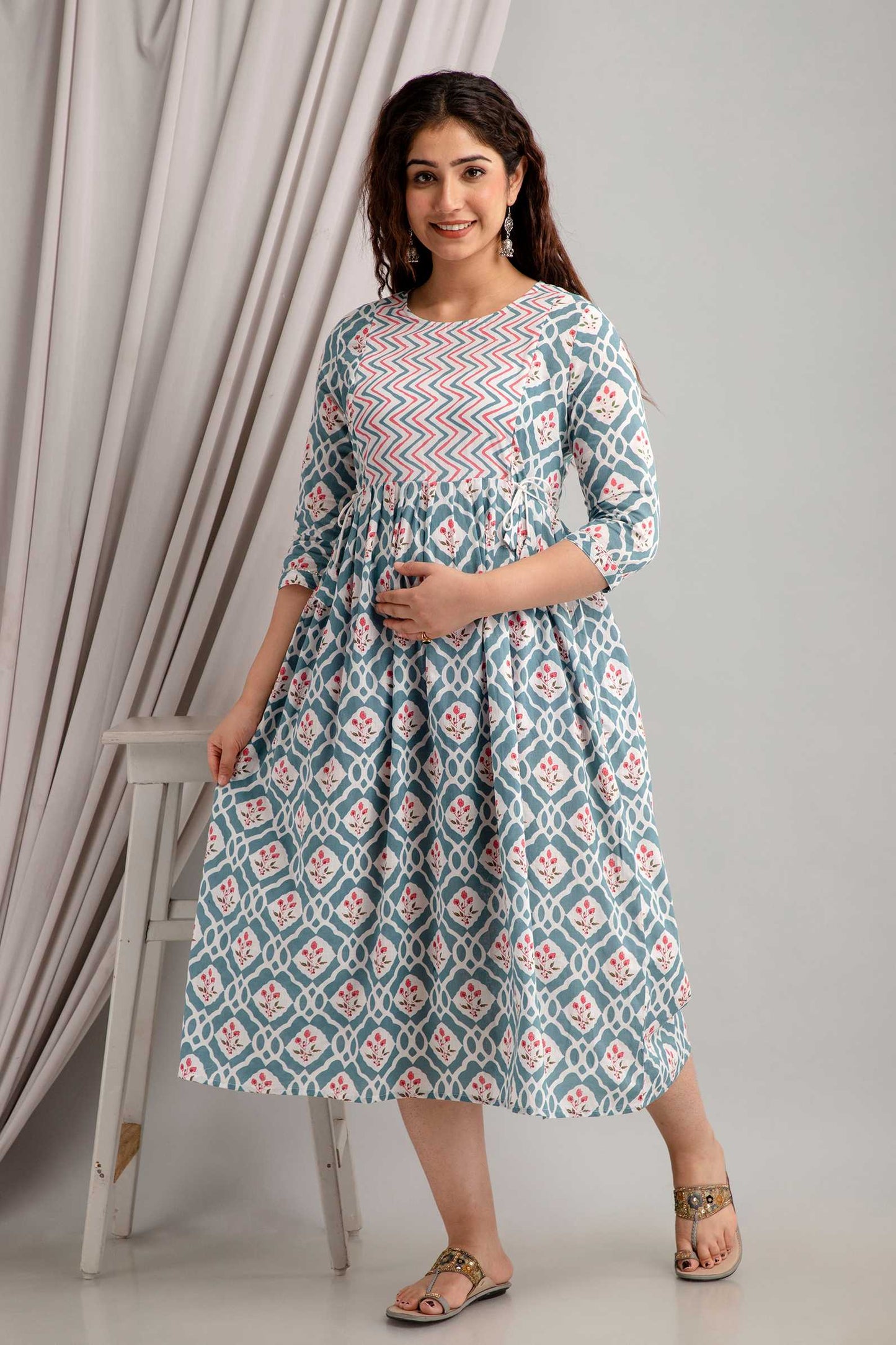 Pink Geometric Floral Maternity Dress