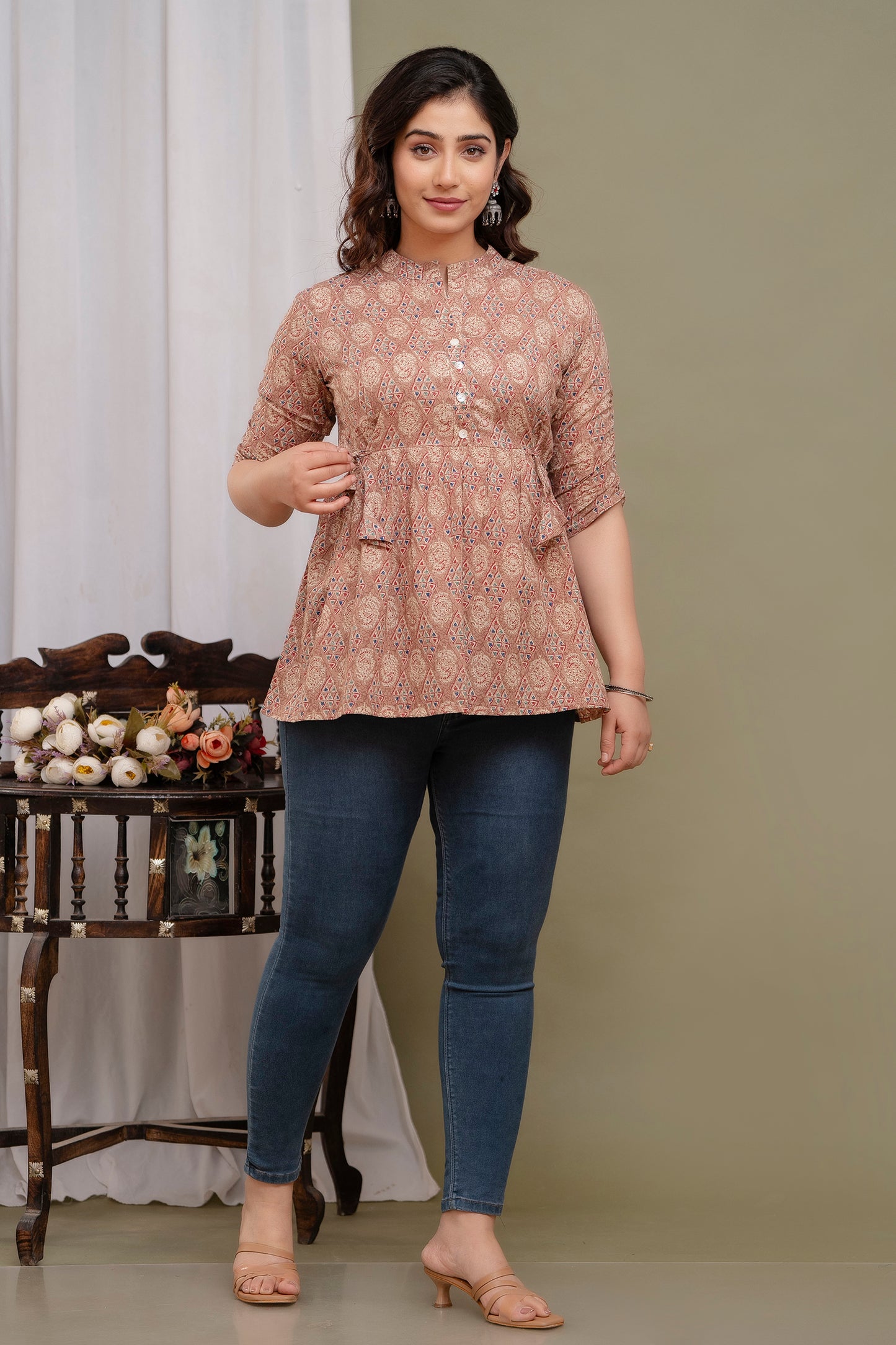 Tan Print Short Kurta